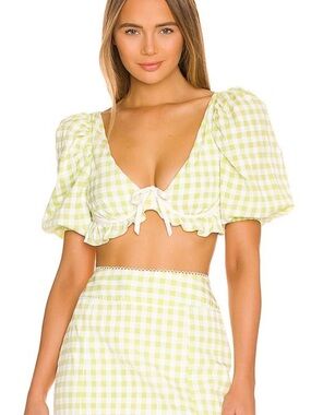 For Love & Lemons Yellow Gingham Tie-Front Crop Top